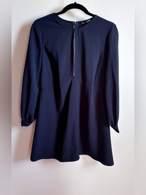 Zara Dark Navy Long-Sleeve Front-Zip Mini Dress